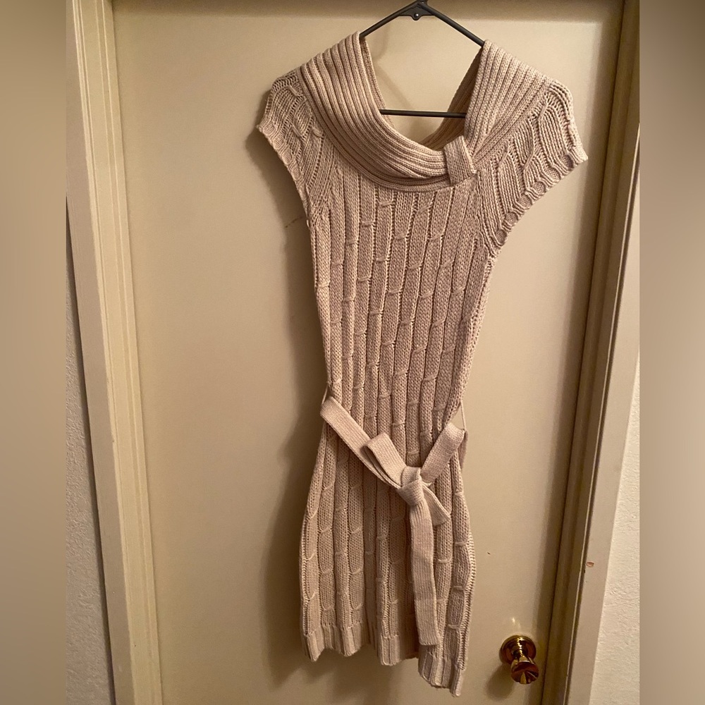 Pink Rose Cream Off the Shoulder Sweater Dress with Tie Belt